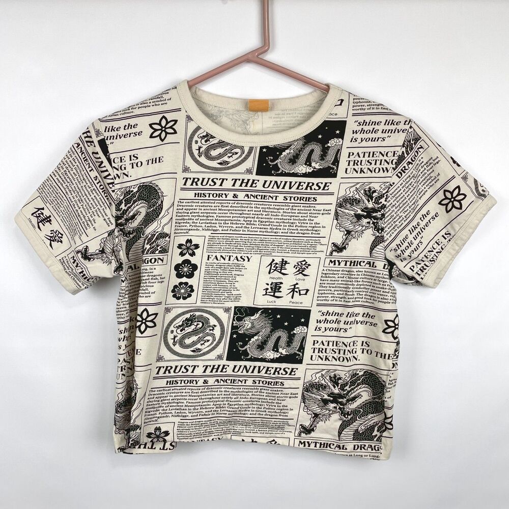 Vibe N Women's Cropped Dragon Mythical Animal Newsprint Off White Large T Shirt